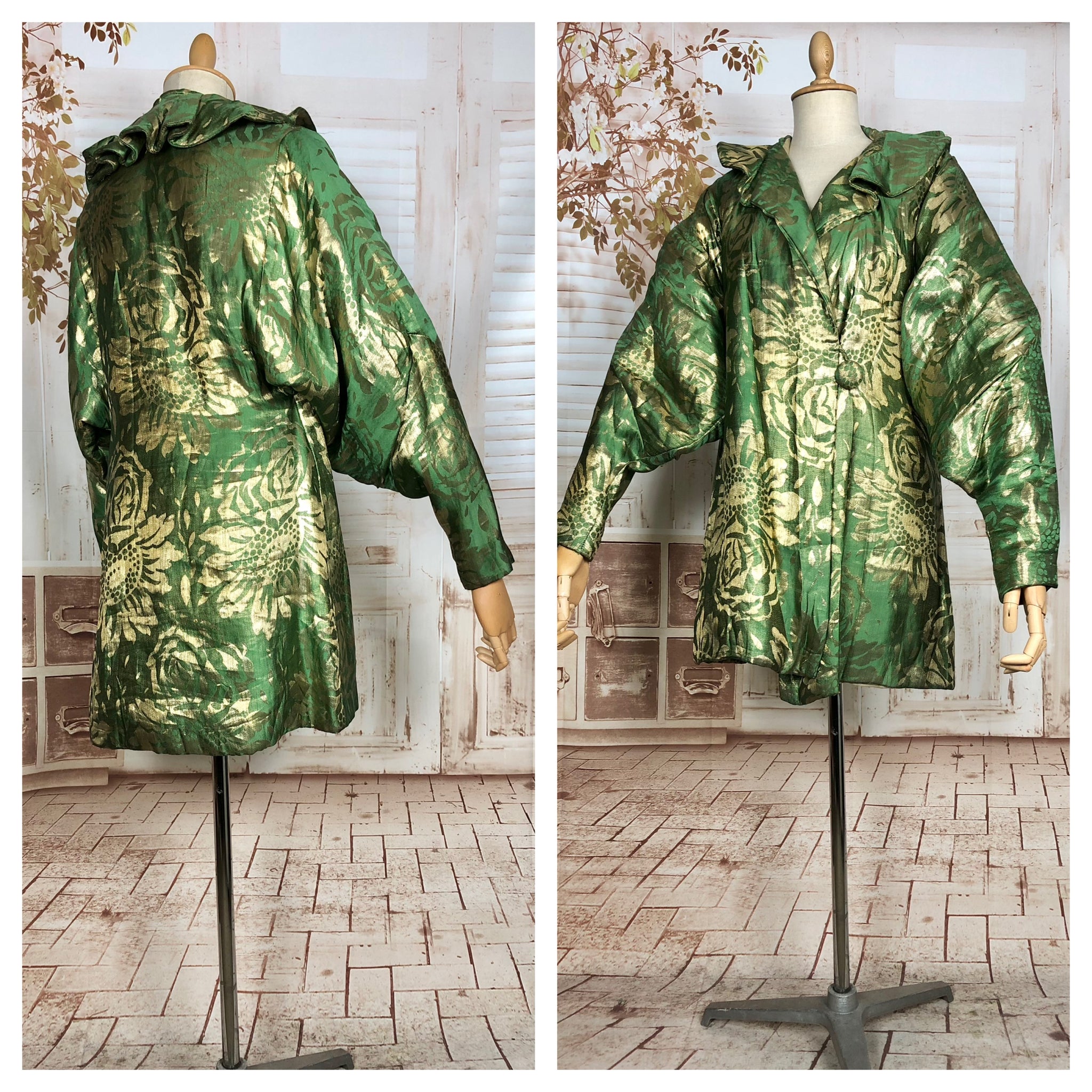 LAYAWAY PAYMENT 6 OF 6 - RESERVED FOR GILDA - Incredible Original 1920s Vintage Green And Gold Lamé Flapper Coat With Amazing Gigot Sleeves