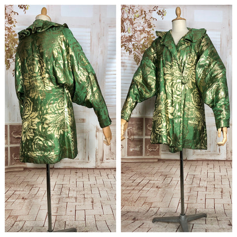 LAYAWAY PAYMENT 5 OF 6 - RESERVED FOR GILDA - Incredible Original 1920s Vintage Green And Gold Lamé Flapper Coat With Amazing Gigot Sleeves