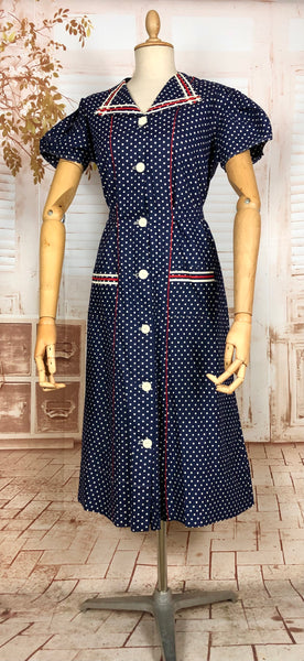 1940s Red White And Blue Spotted Day Dress