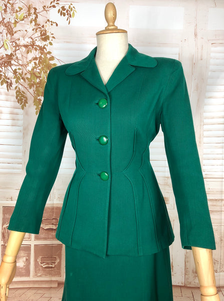 Amazing Original 1940s Vintage Emerald Green Gabardine Skirt Suit