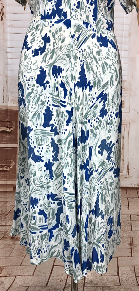 Wonderfully Vibrant Original 1940s Vintage Abstract Novelty Print Blue And White Rayon Dress