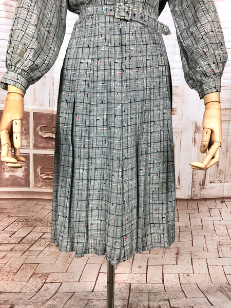 Unusual Late 1930s Vintage Grey Plaid Cold Rayon Dress With Bishop Sleeves