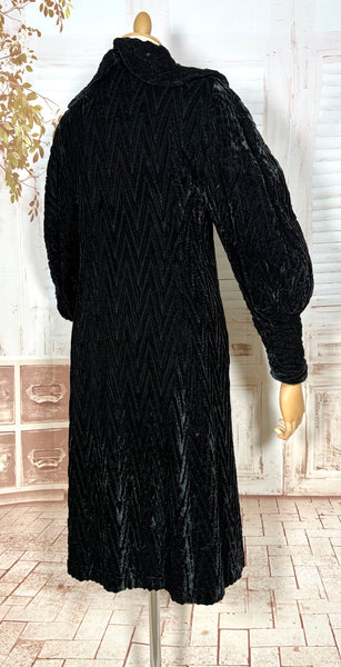 Exceptional 1920s / Early 1930s Black Textured Velvet Coat with Silk Lining and Bishop Sleeves