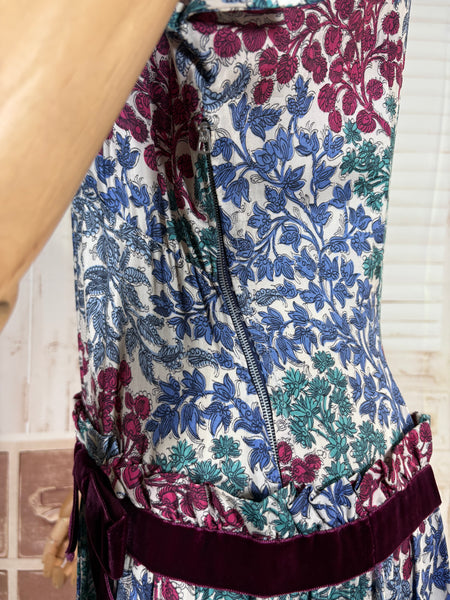 Late 1930s / Early 1940s Tiered Floral Day Dress with Velvet Trim
