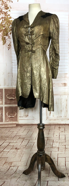 Exceptional Original 1930s Vintage Gold Lamé Redingote Evening Coat