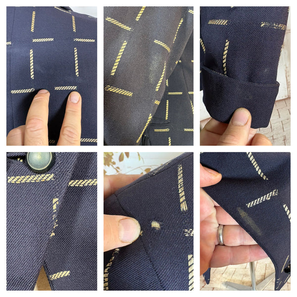 1940s Navy Wool Tailored Jacket – Woven Cream Rope Pattern, Shawl Collar