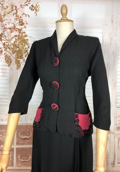 Amazing 1930s Long Line Skirt Suit With Fuchsia Pink Beaded Accents