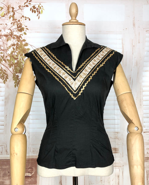 Fabulous Original 1950s Vintage Black And Gold Trimmed Patio Blouse