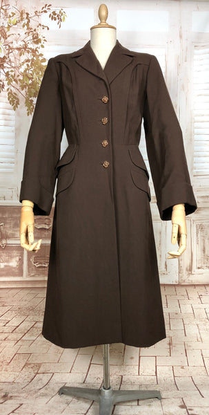 LAYAWAY PAYMENT 2 OF 4 - RESERVED FOR SARA - Wonderful Classic 1940s Original Vintage Wartime Chocolate Brown Belt Back Princess Coat With Dinner Plate Double Elevens Utility Label