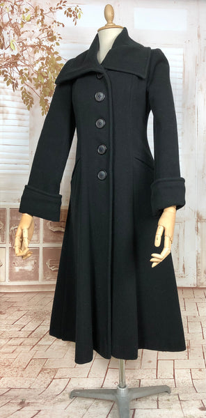 Beautiful Original 1970s Does 1940s Classic Black Princess Coat With Oversized Collar By Joseph Magnin