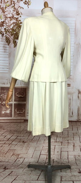 Incredible Original 1940s Vintage Off White Cream Skirt Suit With Quilted Shoulders And Huge Bishop Sleeves