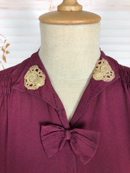 Rare Volup 1930s Burgundy Rayon Dress With Lace Accents And Bishop Sleeves