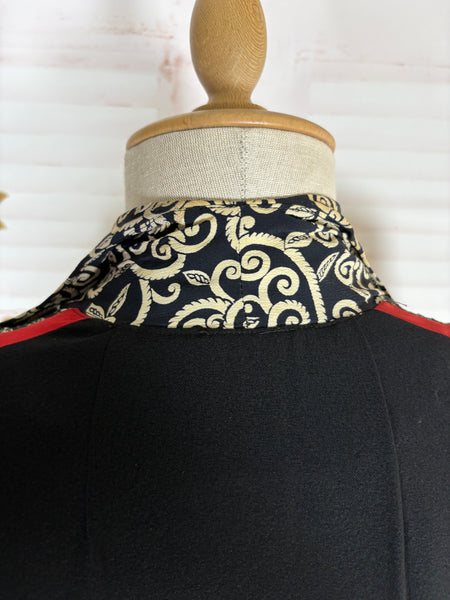 1940s Dress Suit – Scroll Print Jacket with Red Shoulder Stripe Dress