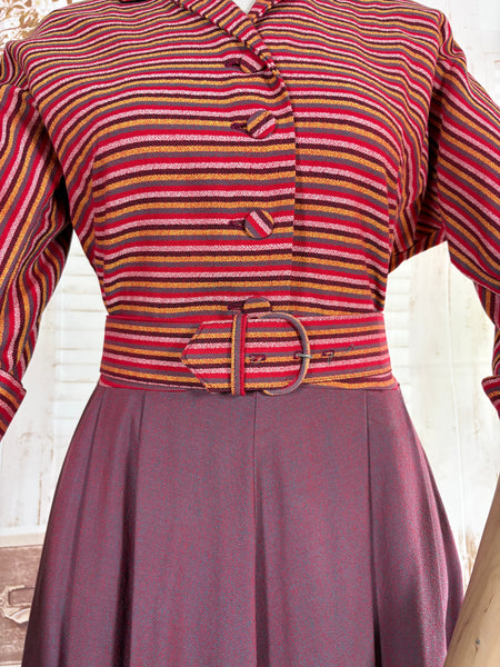 Pink and Purple Striped 1940s Day Dress By Ann Foster