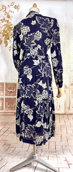 Navy Blue And White 1940s Day Dress With Large Floral Print