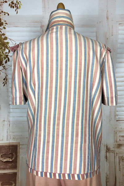 Super Rare Original Late 1930s / Early 1940s Volup Vintage Pink Candy Striped Denim Pant Suit By Edwin Blu Surf