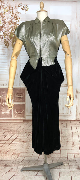 Exquisite Original Early 1940s Vintage Black Silk Velvet And Lamé Film Noir Dress With Statement Pockets