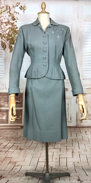 Stunning Original 1940s Vintage Steel Blue Grey Skirt Suit