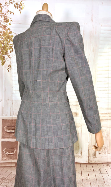 1940s Grey Checked Skirt Suit with Pink Overcheck & Button Detail