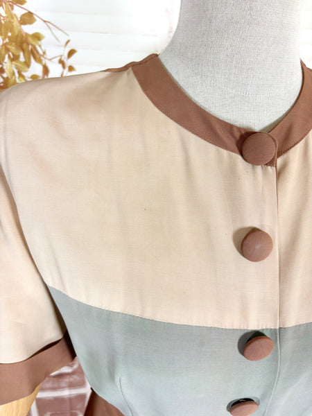 1940s Colour Block Day Dress in Mocha, Cream & Dusty Blue
