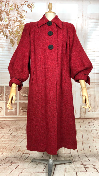 Exquisite Volup Lipstick Red 1940s Boucle Swing Coat With Huge Bishop Sleeves