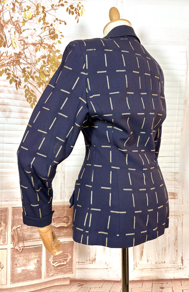 1940s Navy Wool Tailored Jacket – Woven Cream Rope Pattern, Shawl Collar