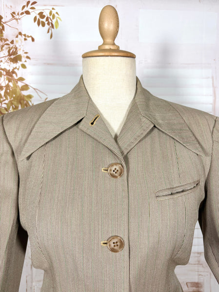 1940s Taupe Pinstripe Wool Skirt Suit – Spearpoint Collar Tailored Jacket