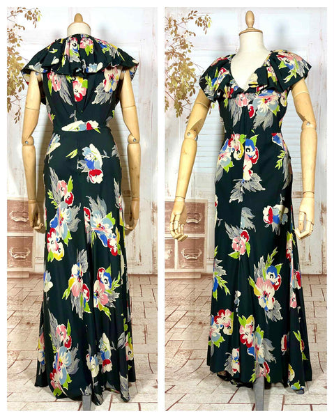 Rare 1930s Black Floral Silk Evening Dress with Ruffled Collar