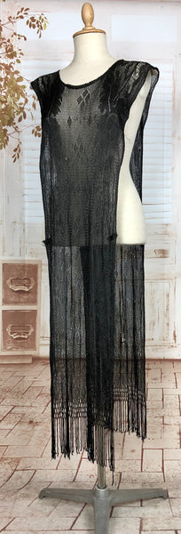 Incredible Original 1920s Antique Black Crochet Knit Lace Fringed Flapper Tabard Dress