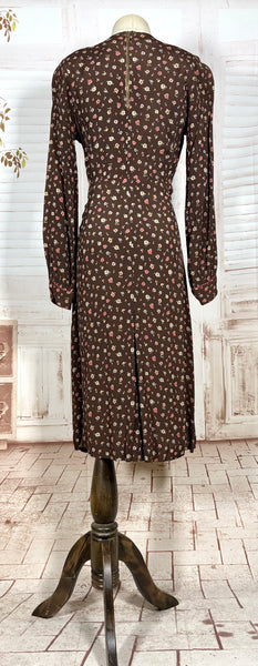 1930s Chocolate Brown Floral Crepe Dress with Pointed Cuffs