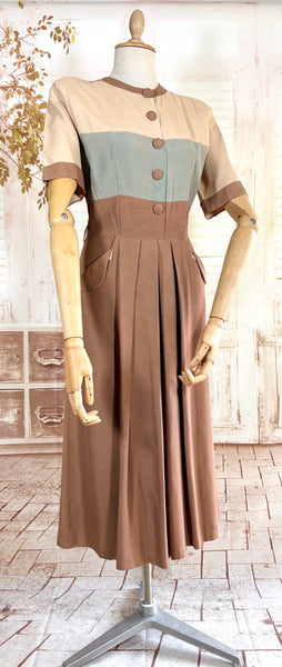 1940s Colour Block Day Dress in Mocha, Cream & Dusty Blue