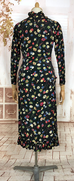 1930s Floral Rayon Crepe Skirt Suit with Ruffled Details