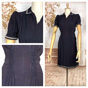 Fabulous Navy 1930s Dress With Puff Sleeves And Rouleau Trim