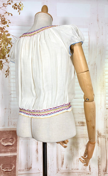 Rare 1930s Hungarian Embroidered Peasant Blouse – Hand Stitched Floral Cotton Top