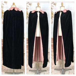 Wonderful 1930s Black And Pink Velvet Long Evening Cape With Scalloped Petal Collar