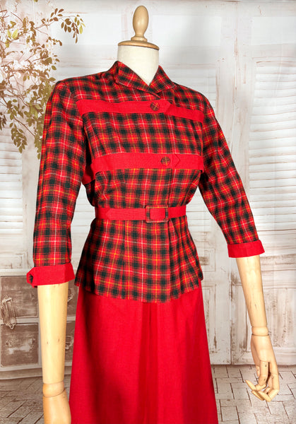 Fabulous 1940s Red And Black Plaid Skirt Suit