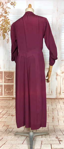 Rare Volup 1930s Burgundy Rayon Dress With Lace Accents And Bishop Sleeves
