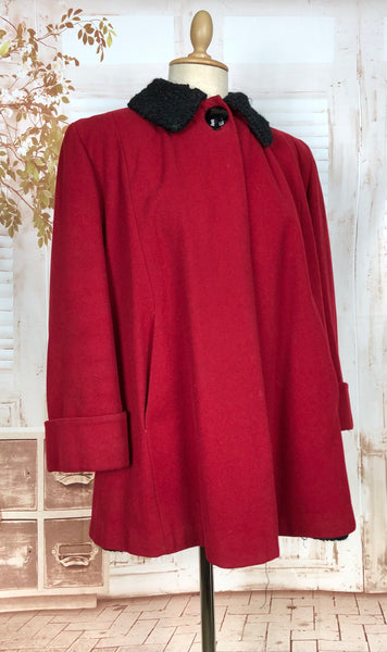1940s Red Wool Swing Coat by Worth of Boston with Astrakhan Lining