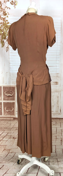 Exceptional Original 1940s Vintage Caramel Rayon Crepe Suit With Sequin Peplum And Bustle Back