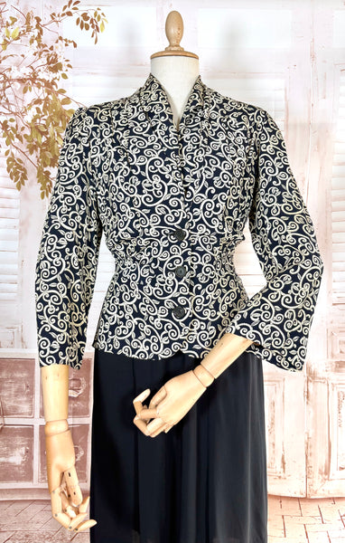 1940s Dress Suit – Scroll Print Jacket with Red Shoulder Stripe Dress