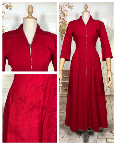 Amazing Lipstick Red 1940s Corduroy Zip Front Dress