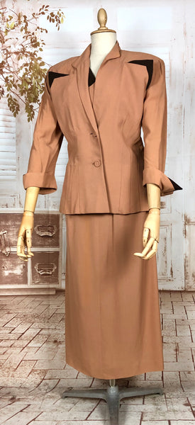 Incredible Original 1940s Volup Dress Suit In Tan With Chocolate Brown Accents