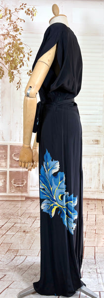 Exceptional 1940s Rayon Full Length Hawaiian Dress With Large Tropical Print