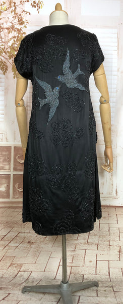 Exceptional Original 1920s Vintage Silk Satin Flapper Dress With Beaded Swallows