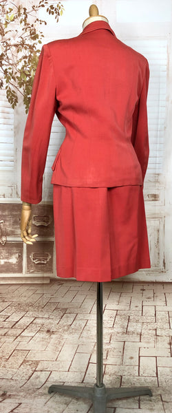 Incredible Original 1940s Vintage Coral Red Gabardine Skirt Suit By Jaunty Juniors