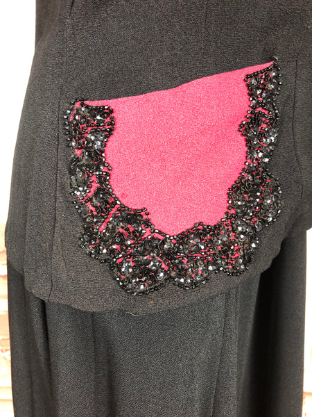 Amazing 1930s Long Line Skirt Suit With Fuchsia Pink Beaded Accents