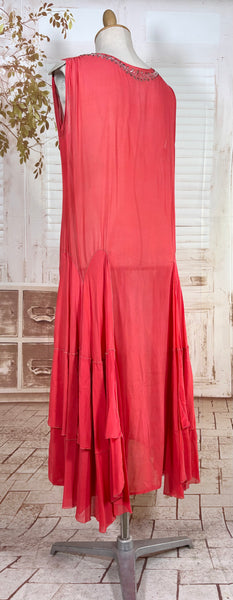 1920s Coral Silk Chiffon Beaded Flapper Dress
