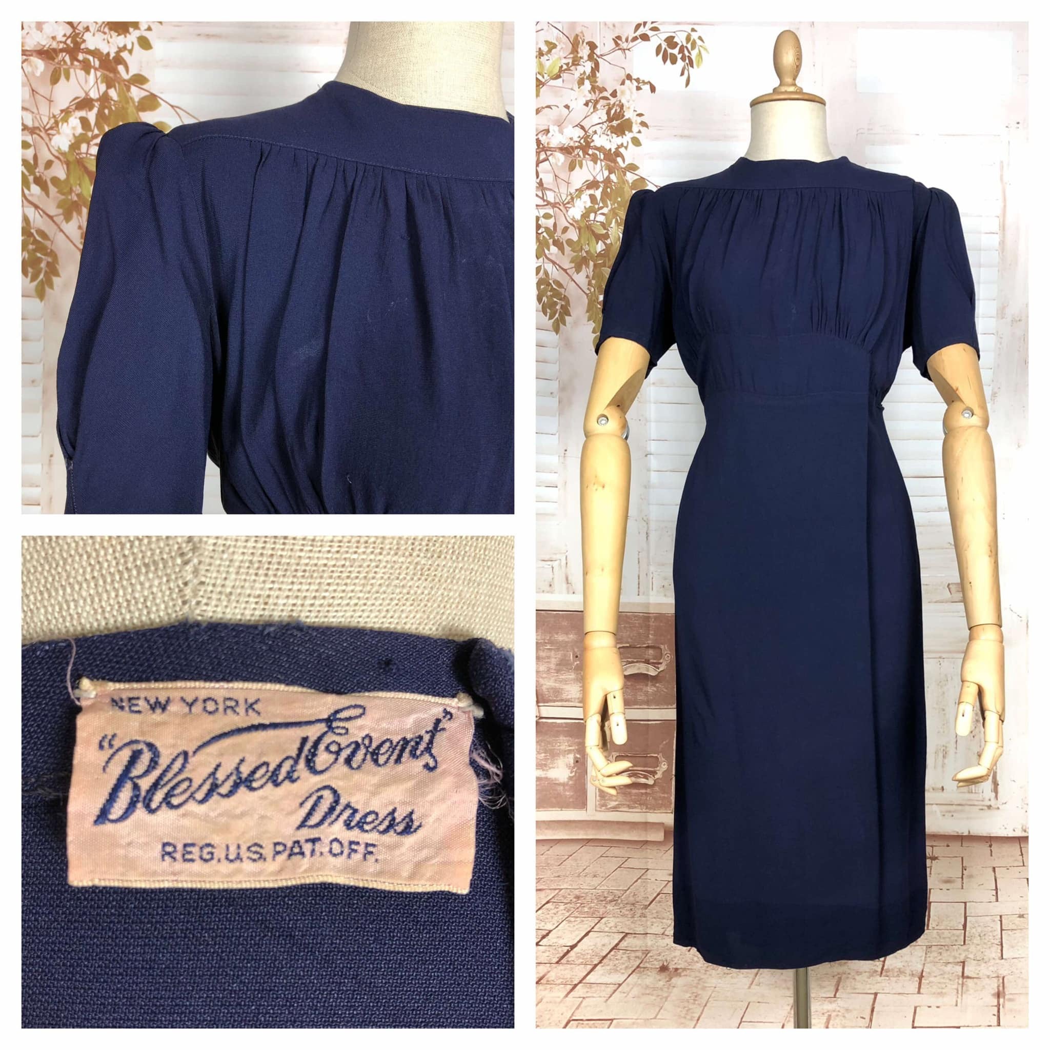 Rare 1930s Navy Blue Crepe Adjustable Maternity Wrap Dress By Blessed Event