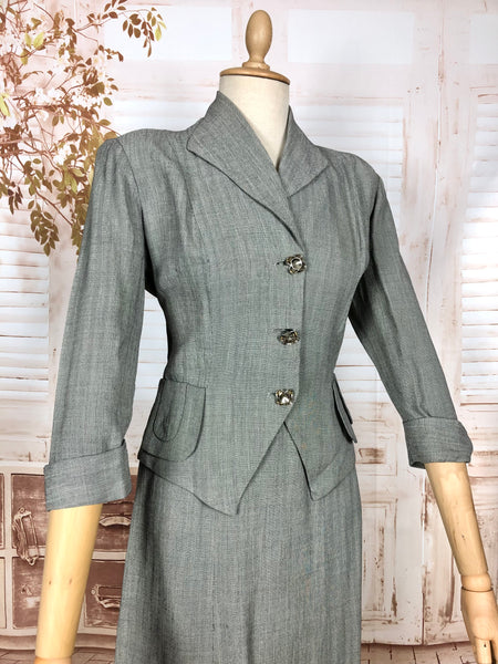 Stunning Grey 1940s Vintage Herringbone Skirt Suit With Statement Pockets By Cay Artley