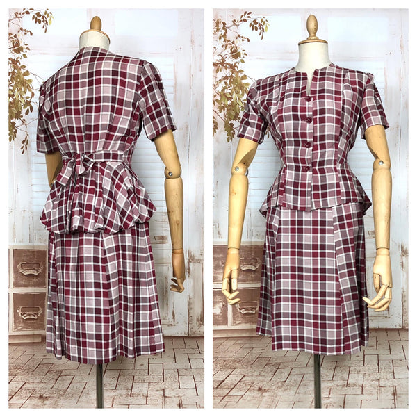 Fabulous Original 1940s Vintage Bustle Back Skirt Suit In Pink And Berry Plaid